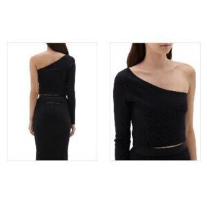 Bassike Rib One Shoulder Crop Long Sleeve Top Black Women's Size 3 Large